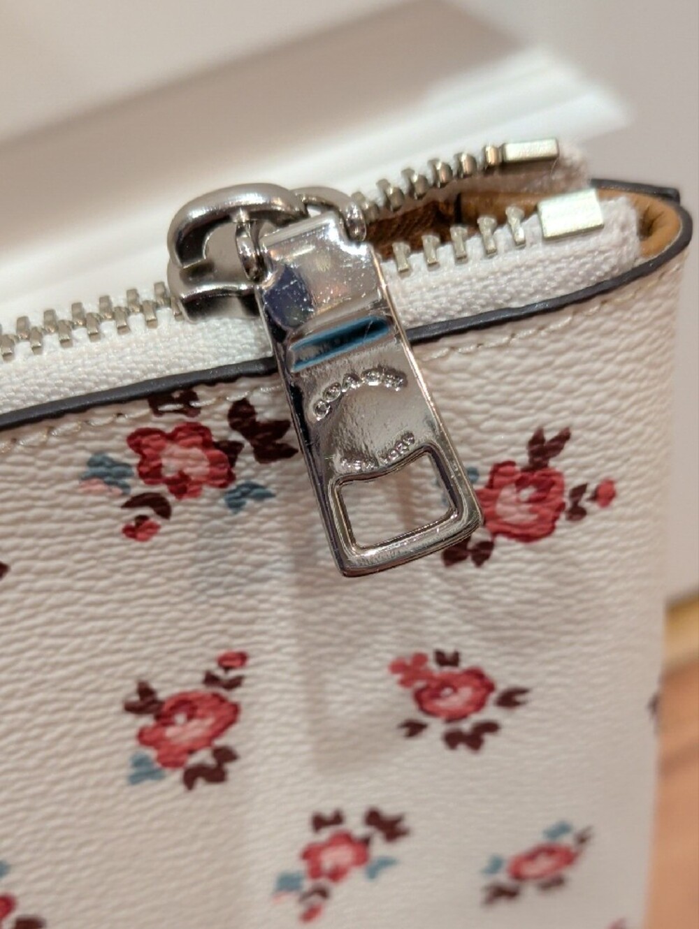 Coach Cream Tote with Pink Floral Print and Tan Leather Tag - Picture 6 of 17